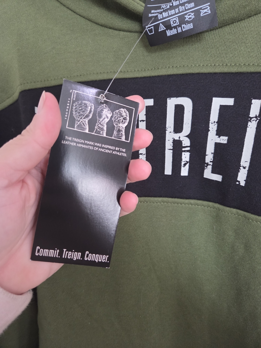 Treign Olive Green Hoodie with Black Chest Panel and White Logo - Picture 5 of 7